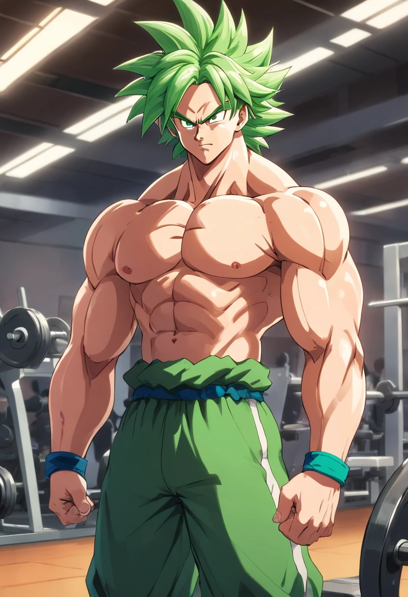 broly, legendary super saiyan, green hair, spiky hair, white eyes, huge muscular, tall, black bracelets, huge, 350 lbs.