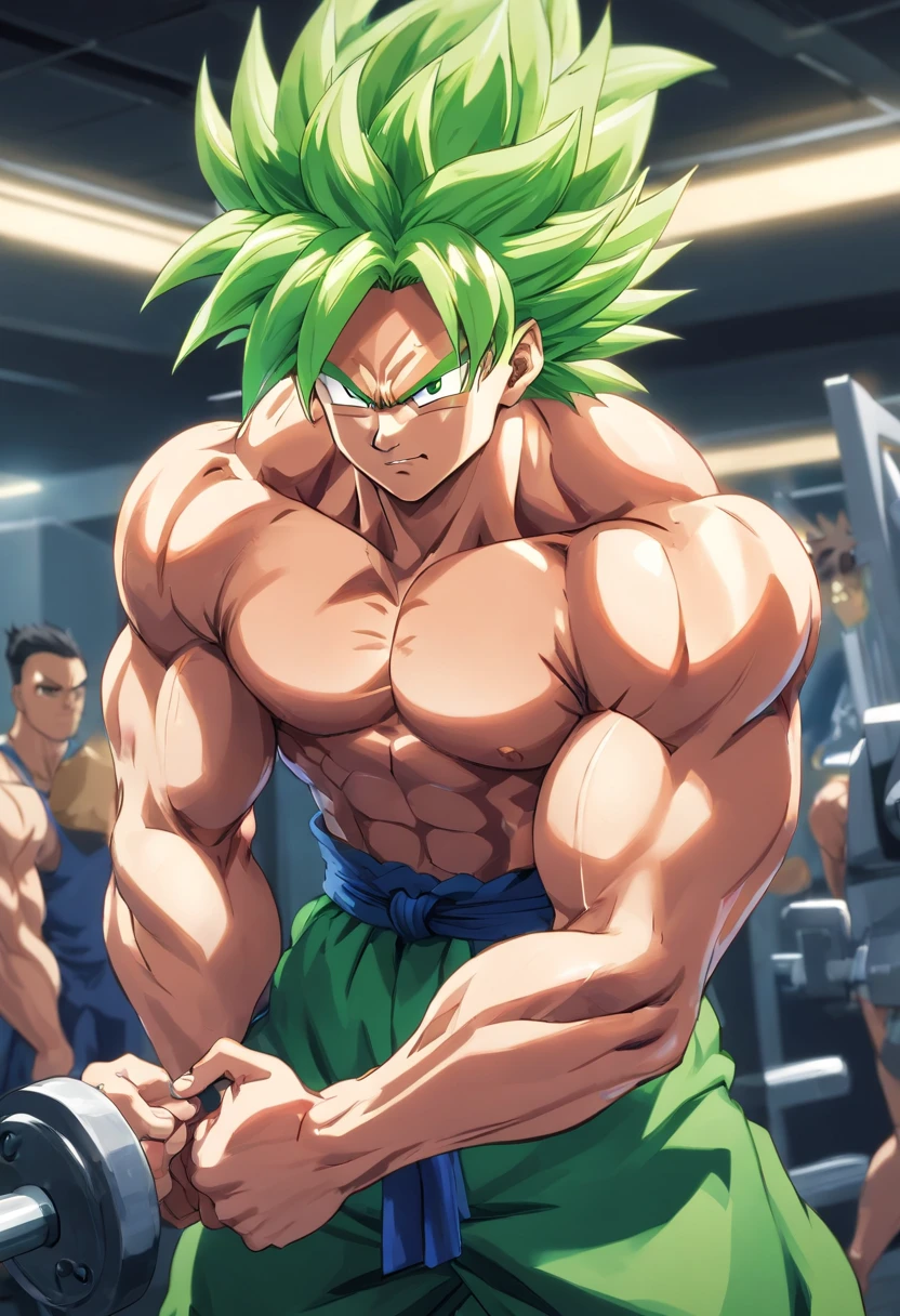 Broly Super Saiyajin, masculino, Dragon ball z, Working out hard in a bodybuilding gym, Triceps exercises, focus on triceps, defined and detailed muscles, expression serious