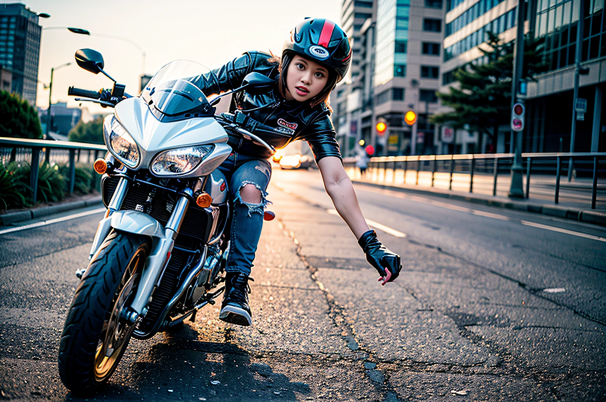 (Best Quality), Masterpiece, Ultra-high-resolution photos,1 Cute Girl, Big motorcycle ride, a white T-shirt, Ripped jeans, White sneakers, Motorcycles driving through the city at high speed, (slow motion: 1.3), (motion blur: 1.4), (Speed Line: 1.4), sense of speed, panning shot