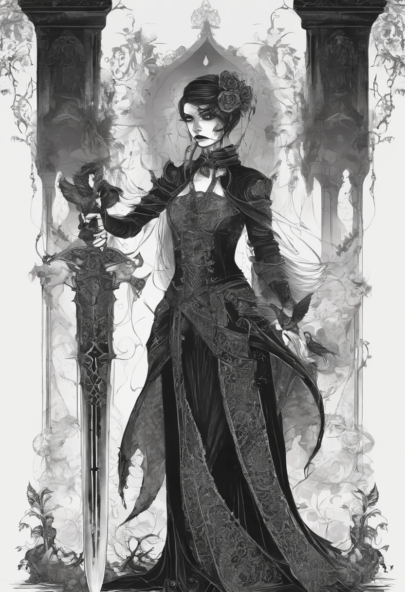 Full-body, fearsome and formidable, empowered savage young little goth girl. Anthropomorphic, horror beatiful - looking goth girl fully tattooed holding goth sword