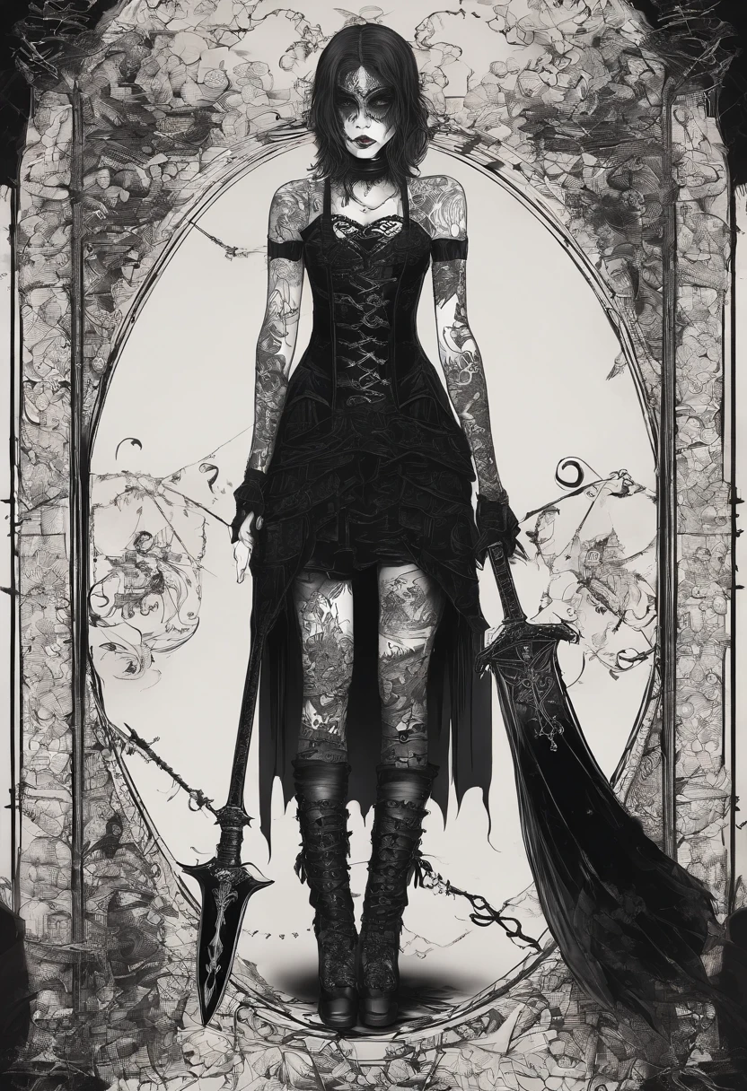 Full-body, fearsome and formidable, empowered savage young goth girl. Anthropomorphic, horror beatiful - looking goth girl fully tattooed holding goth sword