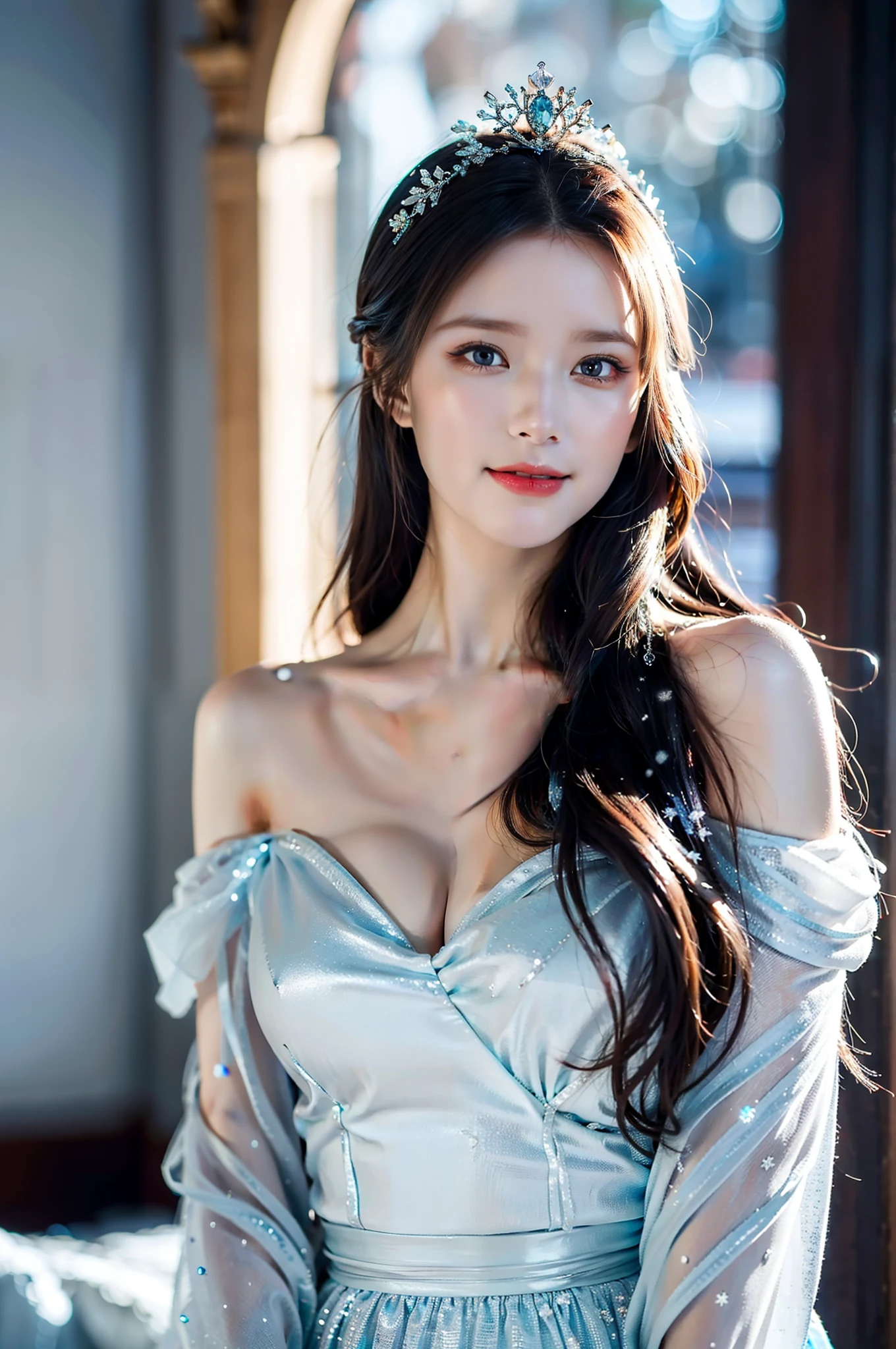 (best quality,4k,8k,highres,masterpiece:1.2),ultra-detailed,(realistic,photorealistic,photo-realistic:1.37),snow queen,beautiful detailed eyes,beautiful detailed lips,extremely detailed eyes and face,long eyelashes,snow-covered palace,winter wonderland,crown of ice,sparkling snowflakes,ethereal beauty,snowflakes swirling around,snow-covered trees,gorgeous snow queen,glowing ice shards,powdery snow,snowflakes glistening in the sunlight,majestic and graceful presence,snow-capped mountains,icy breath,hint of blue and silver in the color scheme,dramatic lighting,soft snow falling,queen's regal gown,subtle shades of white and blue,icy palace walls,Ice Queen's enigmatic smile,crystal-like skin,icy blue eyes, ultra-realistic, photorealistic, photograph, photogenic, bokeh, cleavage, bare shoulders, concentrated expression, full body.