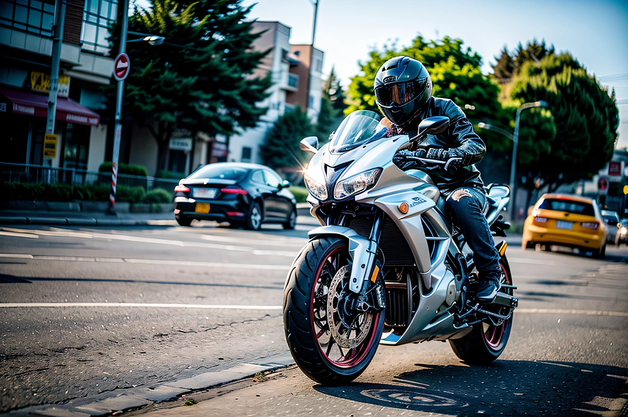 (Best Quality), Masterpiece, Ultra-high-resolution photos,1 Cute Girl, Big motorcycle ride, a white T-shirt, Ripped jeans, White sneakers, Motorcycles driving through the city at high speed, (slow motion: 1.3), (motion blur: 1.4), (Speed Line: 1.4), sense of speed, panning shot
