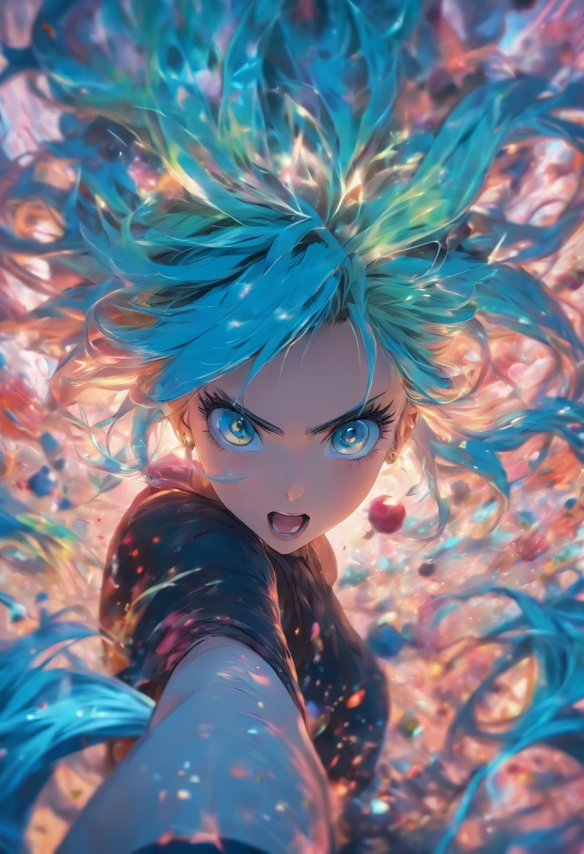 foreshortening,  Depth of field, Masterpiece, best qualtiy，Blue-haired girl，largeeyes，A feast for the eyes