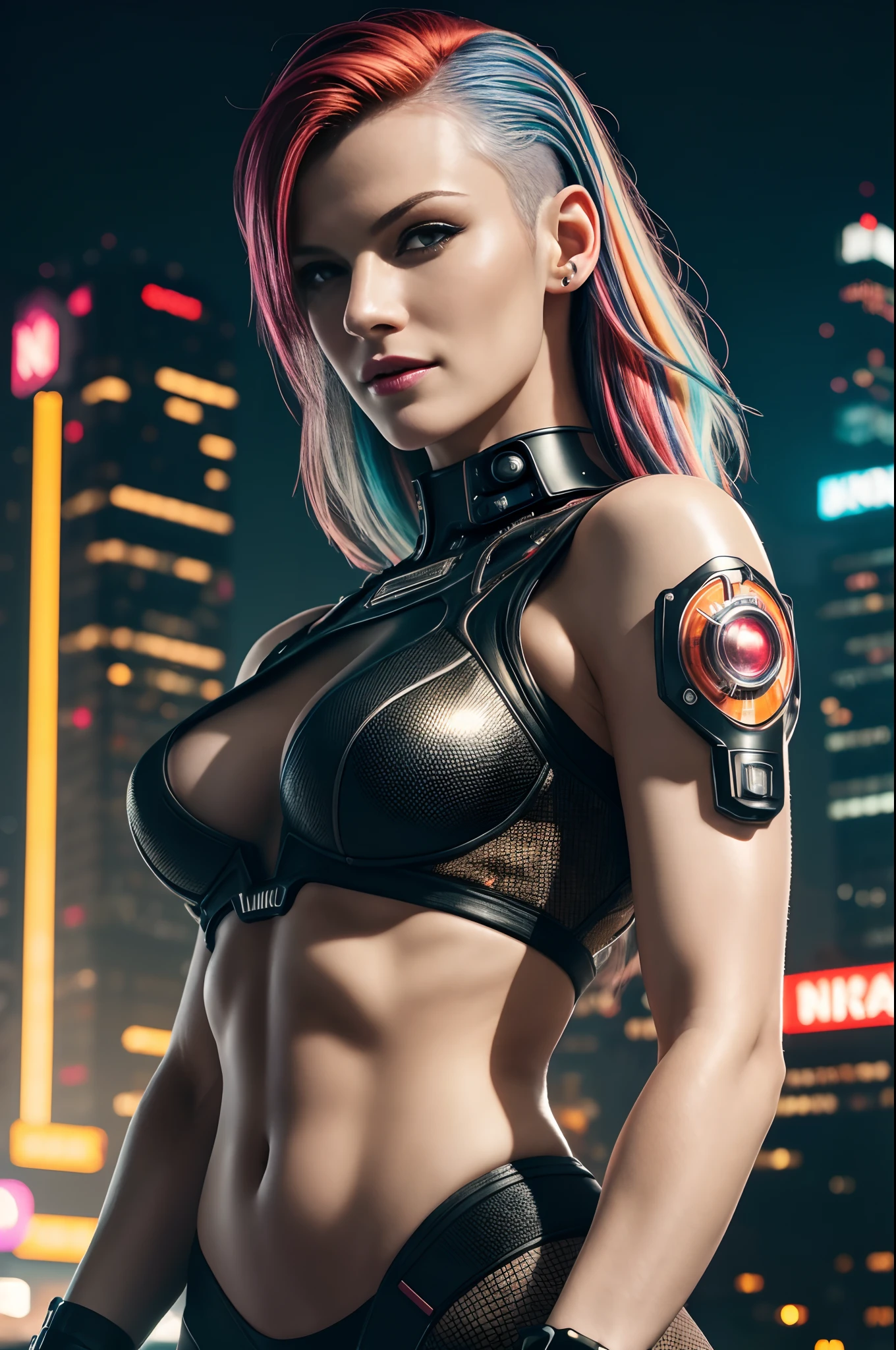 (Beautiful mature female (perfect face)), (Milla Jovovich:0.3), wicked smile, pale skin, (skin texture:1.1), (high detail sexy cyberpunk clothing), (high detail eyes:1.2), (multi coloured hair), (side of head shaved), fit athletic body, cyberpunk city at night, raining, (masterpiece), (photorealistic:1.4), RAW photo, best quality, high res, rich colors, backlight, cinematic lighting, film grain, raw photo, 50mm lens, Nikon D850, warm colors