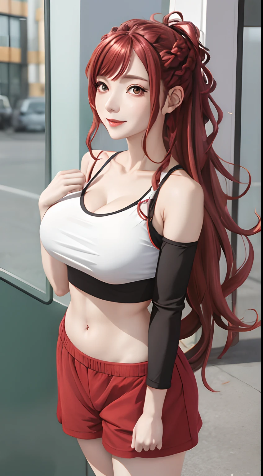 kaede, red eyes, long hair, cleavage, solo, smile, collarbone, upper body, braid, red hair,large breast , casual, casual outfit , crop top , crop top overhang, huge breast