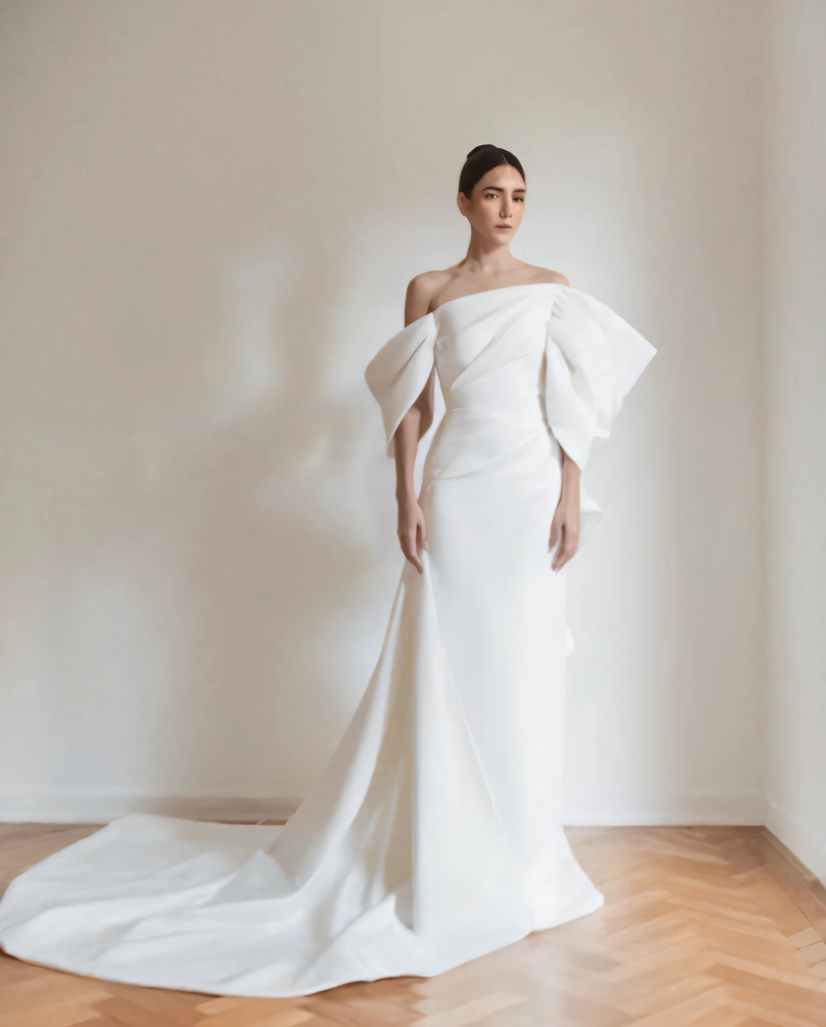 hyperrealistic fashion photo shooting,A female model in a floor-length, off-shoulder gown made from densely packed white gardenia petals, their creamy, overlapping surfaces forming a smooth, satin-like fabric that drapes elegantly with soft folds, posed with one hand on hip and head slightly tilted, captured with a Canon EOS R5, 85mm f/1.4 lens, soft key light at 45 degrees, bright fill light, f/2.8 aperture, ISO 100, hyper-realistic textures, pure white backdrop.