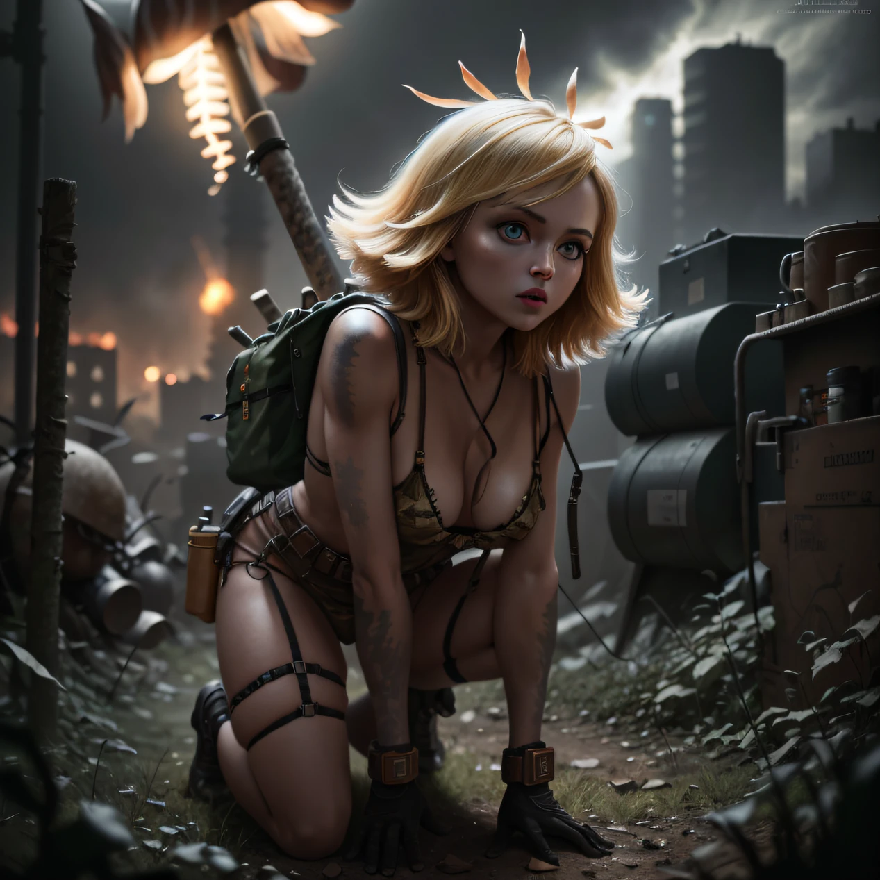 RAW, Nikon z 85mm,Award Winning Glamour Photograph of gorgeous Russian woman, short Blond hair, fit, Adult Russian Goddess, Hyper-Detailed, Camouflage lingerie, Post Apocalyptic, Nuclear Armageddon, Fiery Cityscape background at night, gritty, grime, mushroom cloud, puffy nipples, erect nipples, front lit