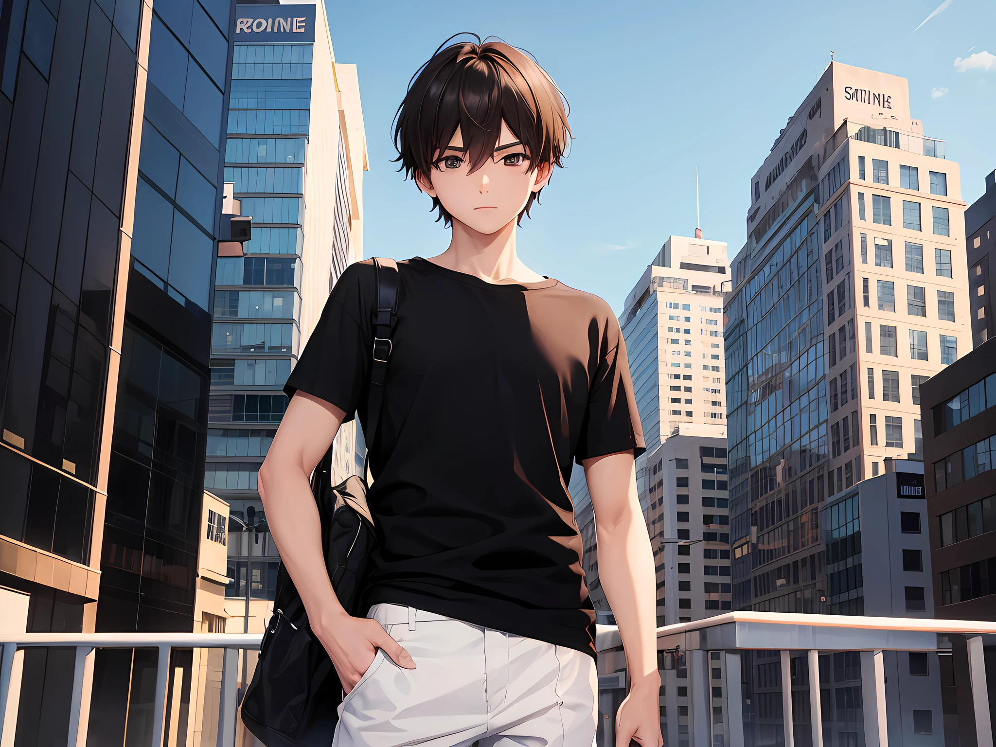 1boy, brunette, black eyes, wearing anime T-shirt, city, high res, ultrasharp, BK, masterpiece, looking at viewer