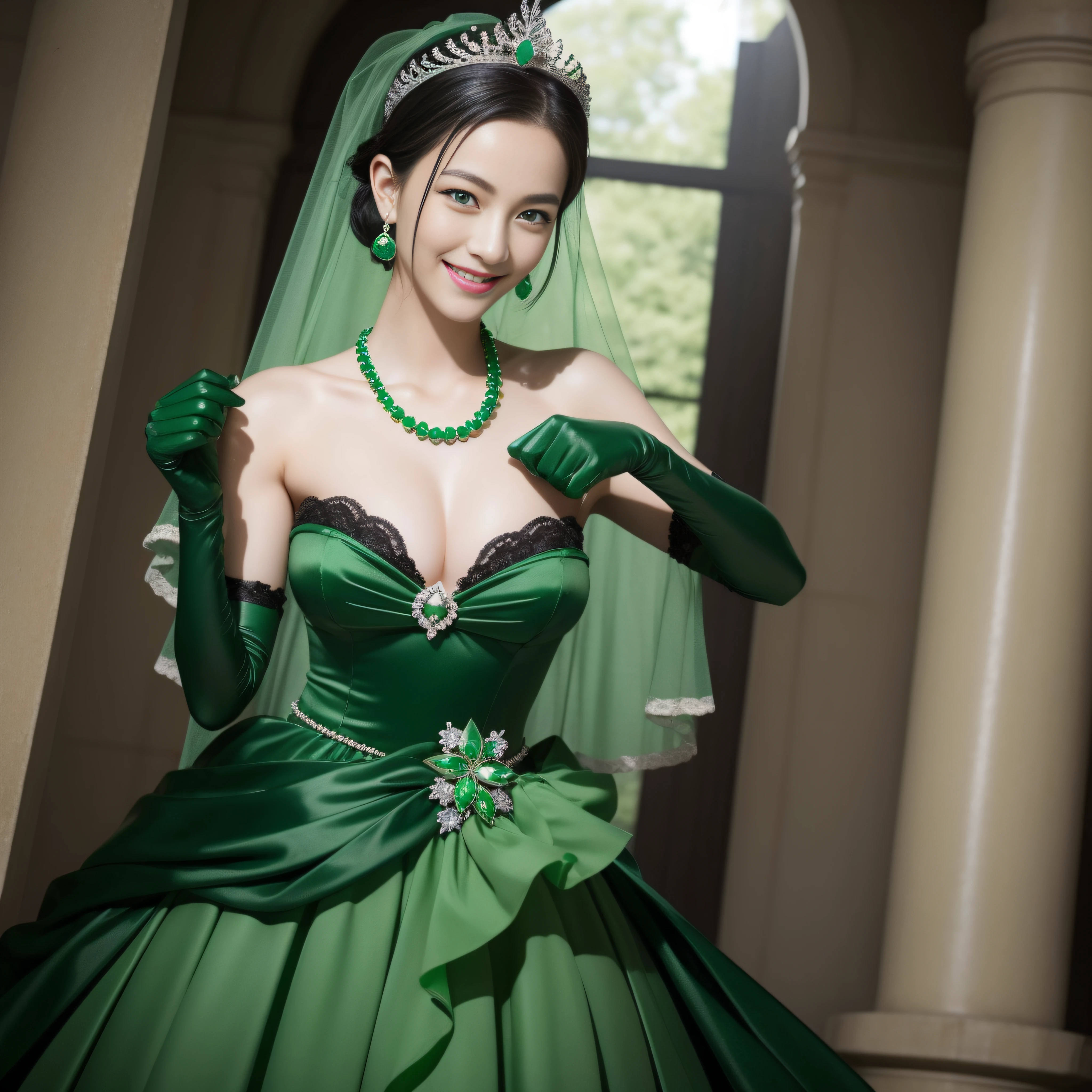 emerald tiara, Green Pearl Necklace, Boyish very short black hair, lipsticks, Japan woman smiling, Green eyes