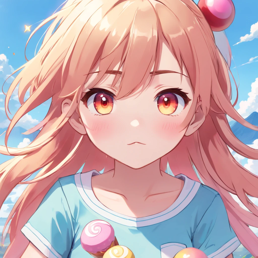 cute, chibi, a little baby girl, light skin, golden eyes, red long hair, pink and blue pastel color white shirt with candy designs, white sneakers, portrait, 3D rendering, high quality, ( plain background), (perfect hands), (full body), female, 8k.