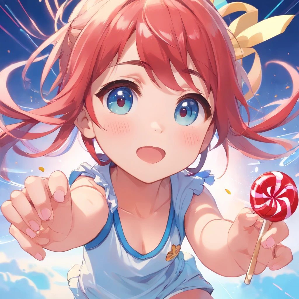cute, chibi, a little baby girl, light skin, golden eyes, red long hair, pink and blue pastel color white shirt with candy designs, white sneakers, portrait, 3D rendering, high quality, ( plain background), (perfect hands), (full body), female, 8k.