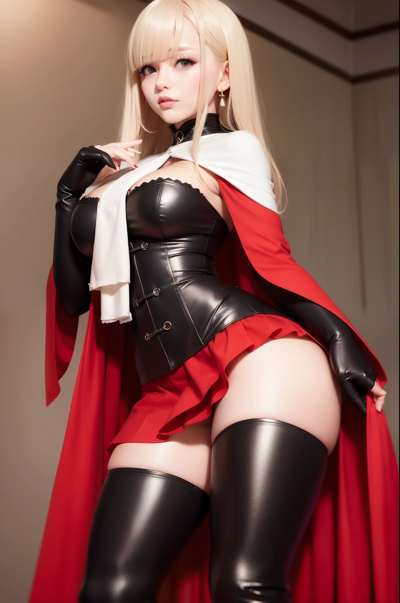 (Best Quality:1.2), 独奏, 1girl, Detailed facial features, Captivating smile, Full view, Full-length, long sleeves, capelet, black corset, red skirt, Thigh-high boots, nsfw