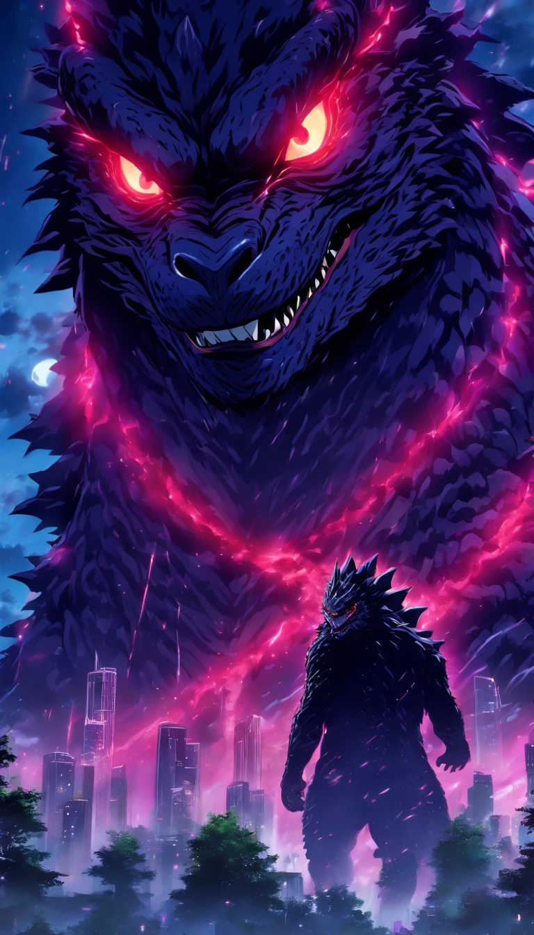 Strange monsters in a fantasy world,Godzilla,A coarse laser sprays out of the mouth,Blood,Covered with thick spikes,Moon Night,中景 the scene is,Full body like, highly detailed surreal vfx,oc rendered,Shot with 70 mm - AR 16:9 --q 2 --s 1000