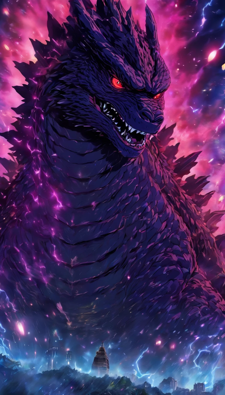 Strange monsters in a fantasy world,Godzilla,A coarse laser sprays out of the mouth,Blood,Covered with thick spikes,Moon Night,中景 the scene is,Full body like, highly detailed surreal vfx,oc rendered,Shot with 70 mm - AR 16:9 --q 2 --s 1000