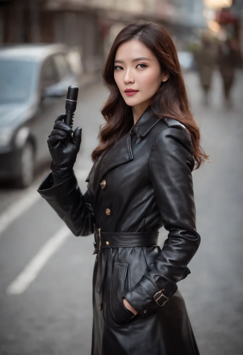 Black leather gloves, trench coat, Japanese female caster, long boots, news relay, microphone in the hand of black leather gloves