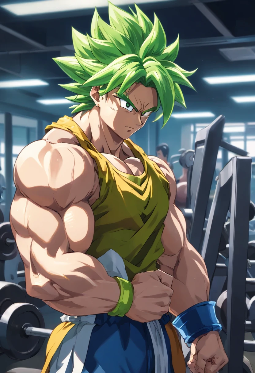 Broly Super Saiyajin, masculino, Dragon ball z, Working out hard in a bodybuilding gym, Triceps exercises, focus on triceps, defined and detailed muscles, expression serious