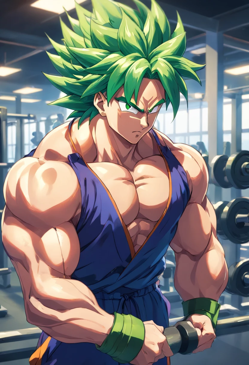Broly Super Saiyajin, masculino, Dragon ball z, Working out hard in a bodybuilding gym, Triceps exercises, focus on triceps, defined and detailed muscles, expression serious
