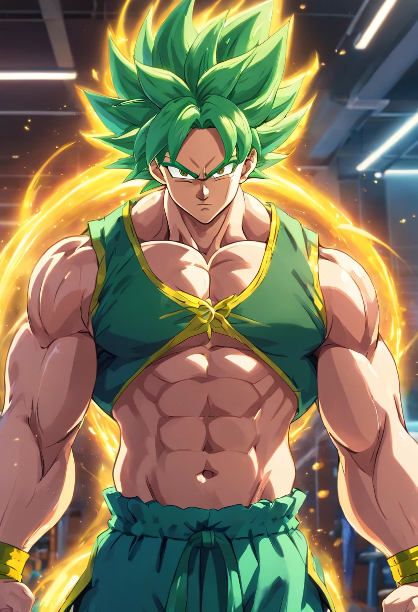 Broly Super Saiyajin, masculino, Dragon ball z, Working out hard in a bodybuilding gym, Triceps exercises, focus on triceps, defined and detailed muscles, expression serious