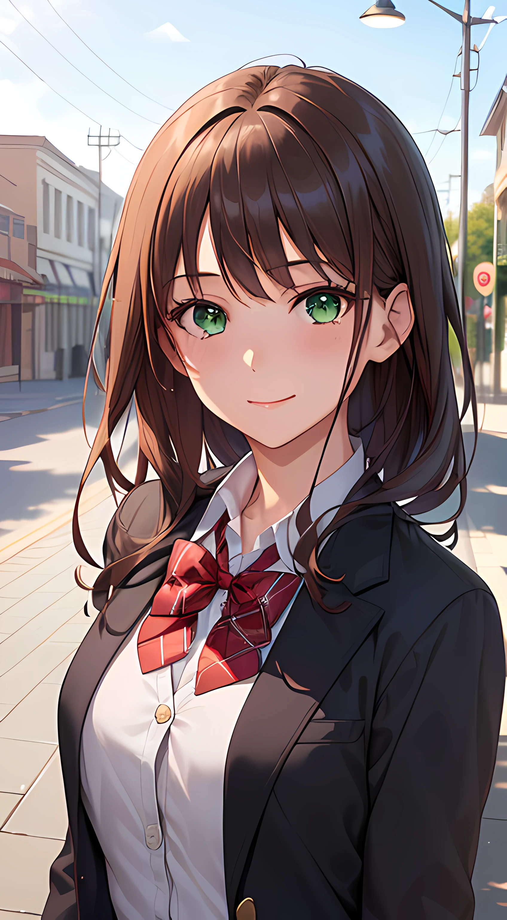((masterpiece, best quality, highres, UHD, perfect pixel, depth of field, 4k, RTX, HDR))), 1girl, single, solo, beautiful anime girl, beautiful artstyle, anime character, ((long hair, bangs, brown hair, curly hair:0.8)), ((green eyes:1.4, rounded eyes, beautiful eyelashes, realistic eyes)), ((detailed face, blushing:1.2)), ((smooth texture:0.75, realistic texture:0.65, photorealistic:1.1, anime CG style)), medium breasts, dynamic angle, perfect body, ((portrait, pov)), ((red bowtie, school uniform, black jacket, open jacket, brown cardigan, white shirt, black skirt, plaid skirt)), smile, amusement park