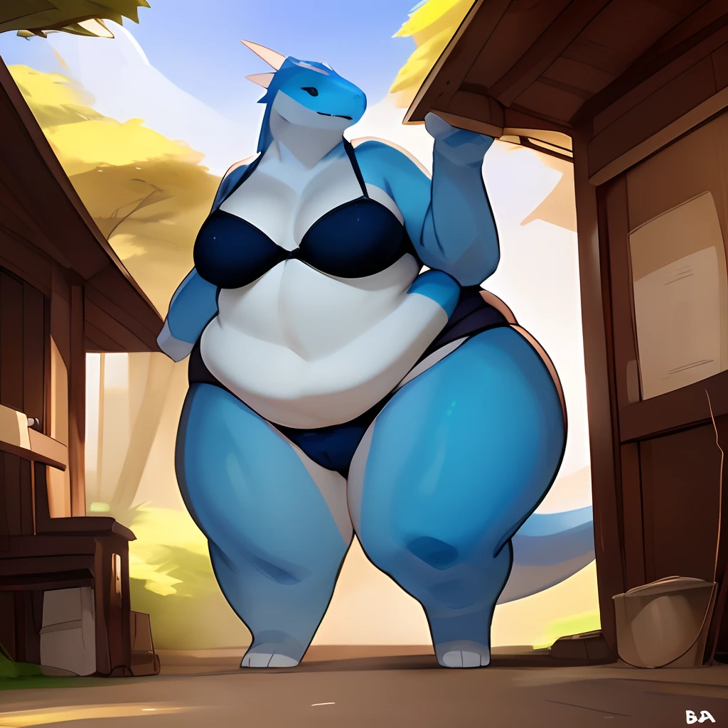 uploaded on e621, (realistic), 8k, anthropomorphic, anthro, female dragon, standing, by buta99, by bebebebebe, by con5710, (sfw), digitigrade, big legs, huge thighs, huge hips, obese, overweight female, (bbw:1.2), attractive body, sexy body, voluptuous, panties, bra, (blue skin), detailed background, big eyes, detailed artwork, good drawn face, snout, sexy look