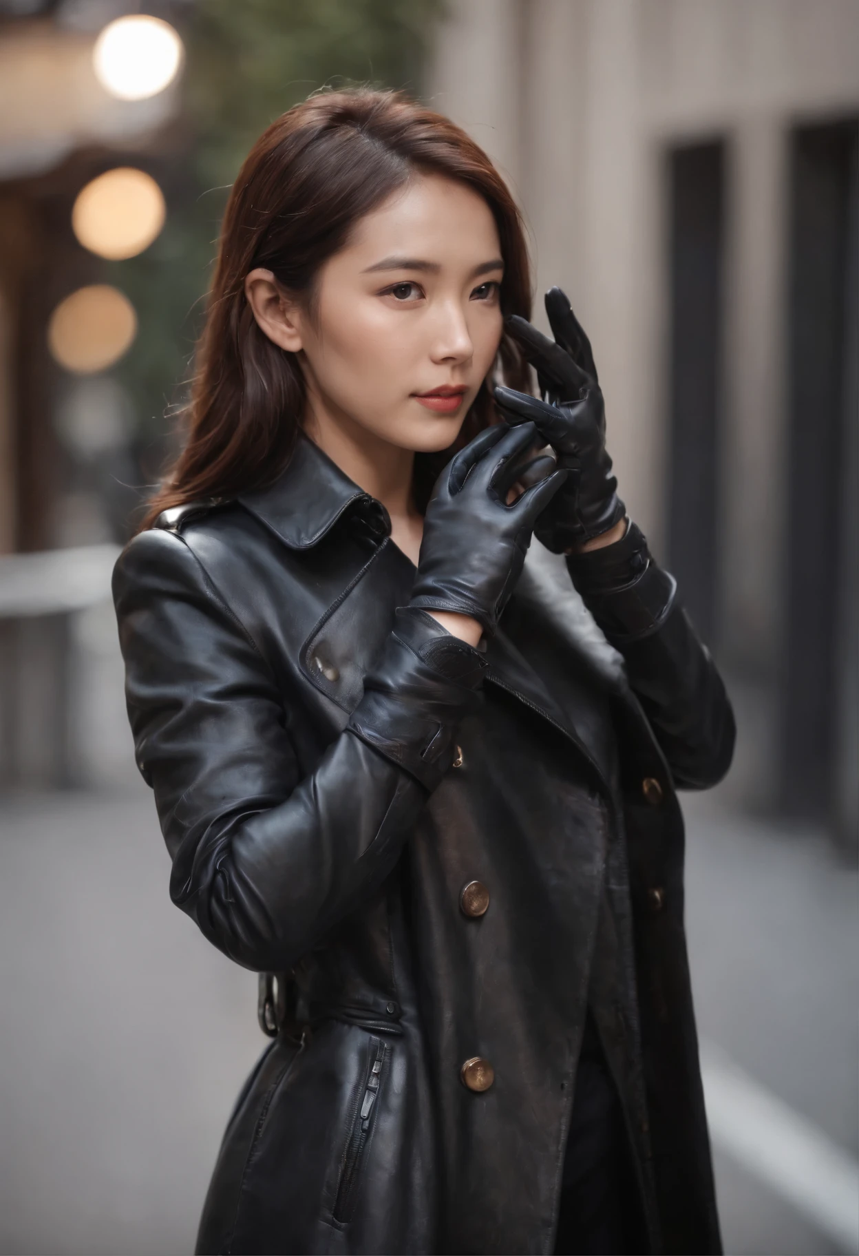 Black leather gloves, trench coat, Japanese female caster, long boots, news relay, microphone in the hand of black leather gloves