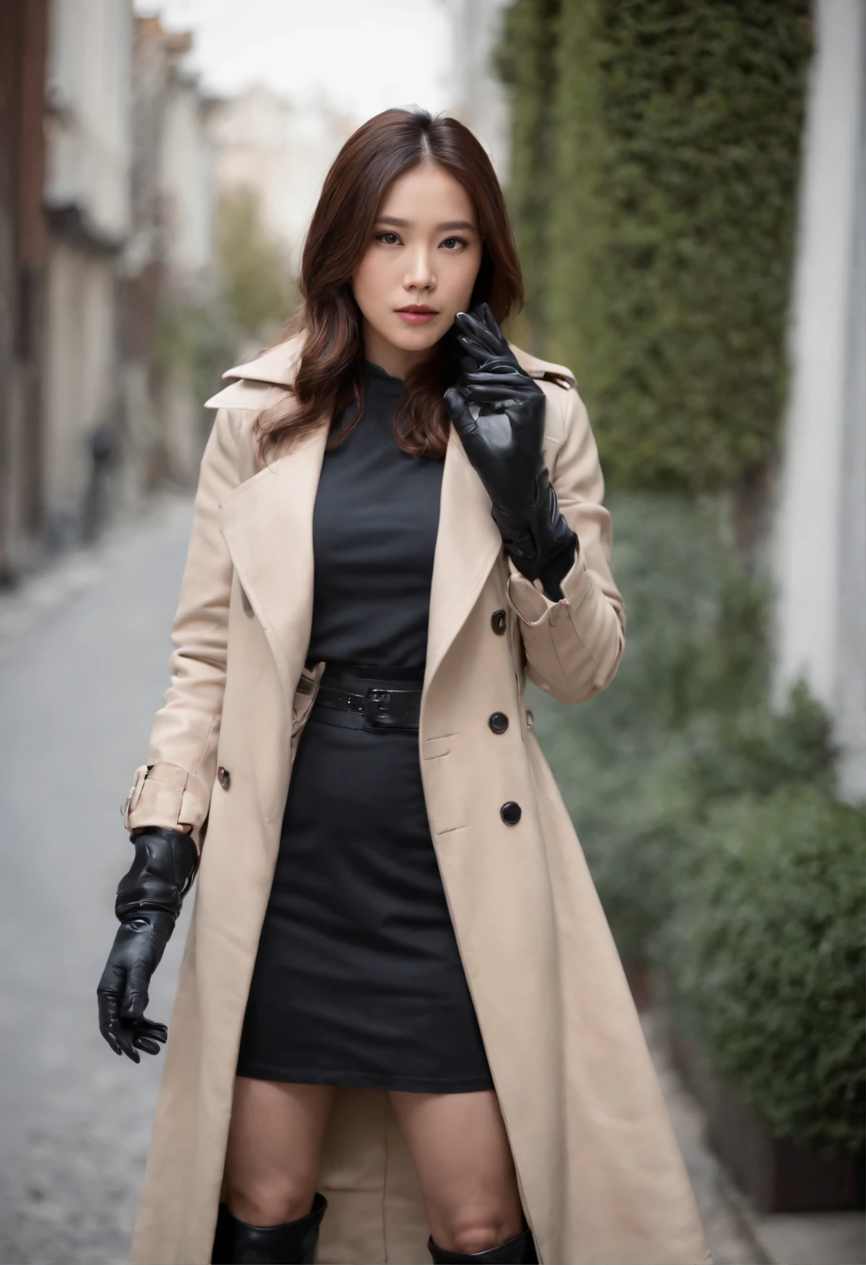 Black leather gloves, trench coat, Japanese female caster, long boots, news relay, microphone in the hand of black leather gloves