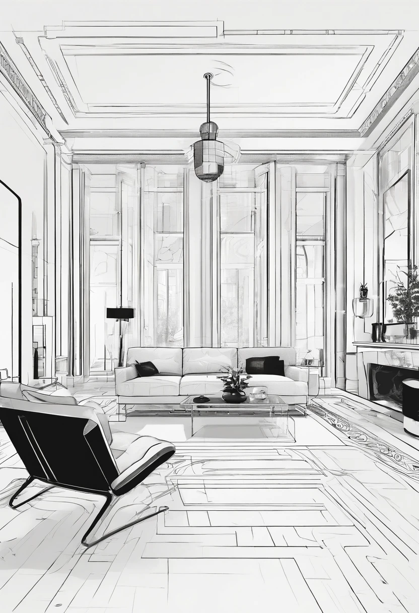livingroom, art deco style, small, high ceilings, fireplace