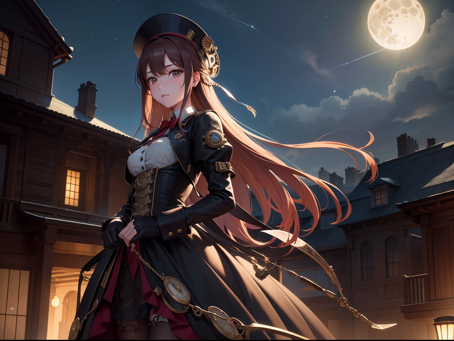 ​masterpiece、8K High Resolution、detail portrayal、Smooth depiction、accurate depiction、Beautiful and smooth depiction、a beauty girl、Dressed in steampunk-style costumes made of countless small gears and watches、At dusk、Clear high sky、Shining stars々、Full moon shining red、