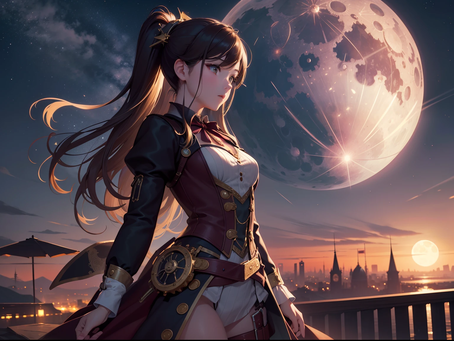 ​masterpiece、8K High Resolution、detail portrayal、Smooth depiction、accurate depiction、Beautiful and smooth depiction、a beauty girl、Dressed in steampunk-style costumes made of countless small gears and watches、At dusk、Clear high sky、Shining stars々、Full moon shining red、