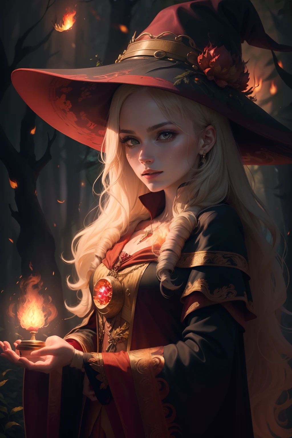 master part, melhor qualidade, 1girl, com longos cabelos laranja encaracolados, wearing a red cloak with gold accents and a matching hat adorned with a ruby, holding a glowing fireball in her hand. The flames dance around her, casting a warm glow on her face and illuminating the dark forest behind her with many creatures in the forest