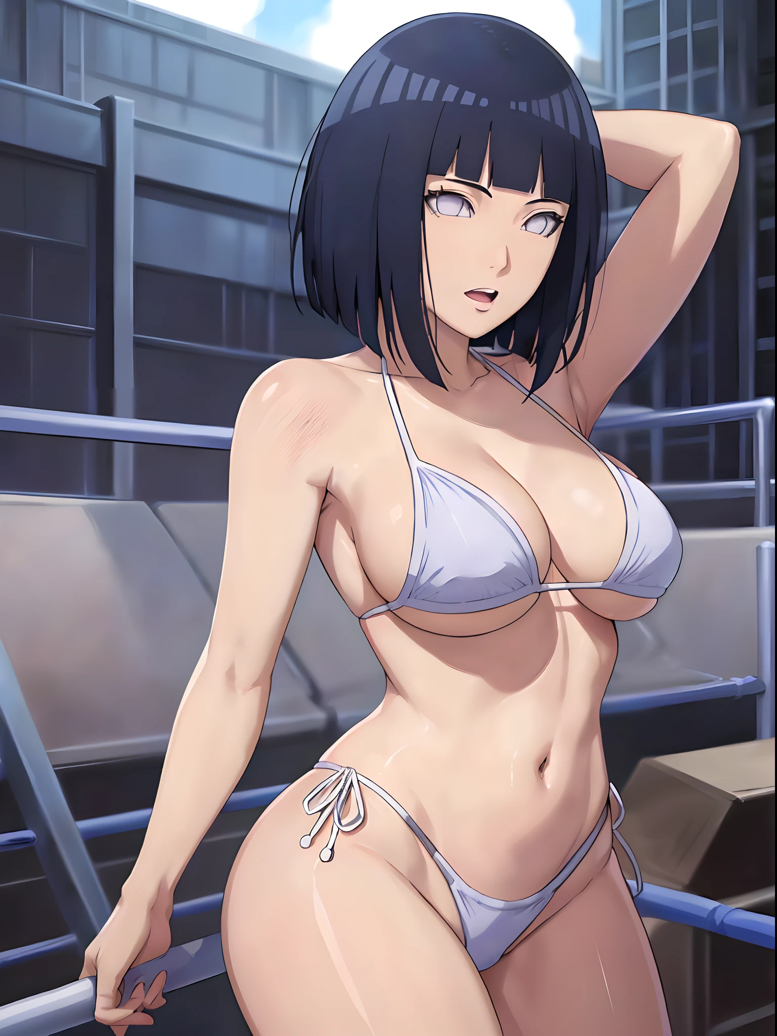 (WALLPAPER,  (hinata\(boruto\), (((1 girl, white string bikini))), masterpiece, 4k, vector coloring, fully body view, (scene: sexy girl standing over turnbuckle, location: pro wrestling arena), (high color saturation), contrast lighting, mature female, (curvy:0.8), solo, anime style, sharp focus, professional artwork, intricate details, colorful, vibrant colors, vivid colors, digital blending, ultra detailed body, ultra detail hair, ultra detail face, trending on pixiv, very hot colors, ((())), detailed bold arm lines, high color saturation, bold lines, bold drawing lines), (head tilt), open mouth),
((dark blue hair color:1.1), wavy hair, ((short hair, hime cut)),
(white skin, (fair skin), slender body, milf, perfect face),
(legs, big breasts, off-shoulders, (detailed shoulders, detailed arm lines)), 
(bare shoulders, bare legs),