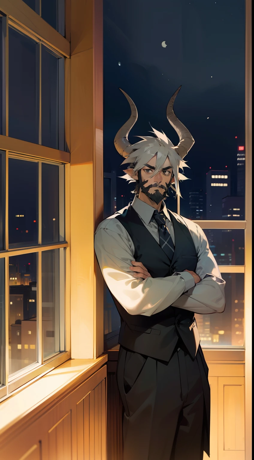 1man,solo,40s,gray beard,neutral face,teacher outfit, gray hair,short hair,black eyes, horns,standing in front of a window, night