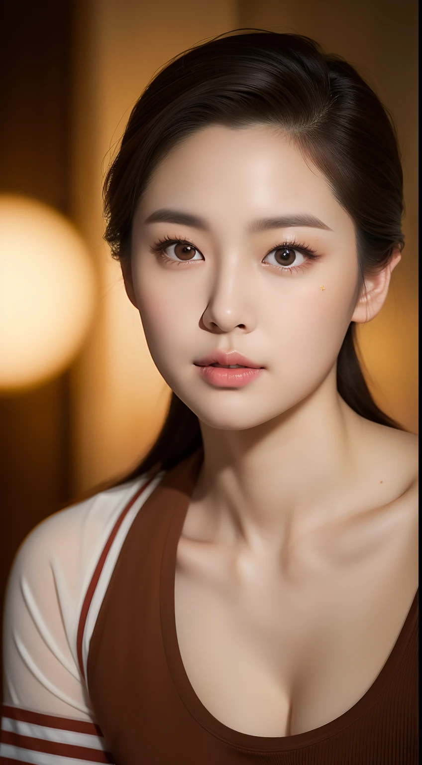 realistic photos of 1 cute Korean star, slicked hair back, white skin, thin makeup, 32 inch breasts size, wearing brown t-shirt, at terminal restaurant, close-up portrait, f/1.2, Hasselblad, blurry, UHD