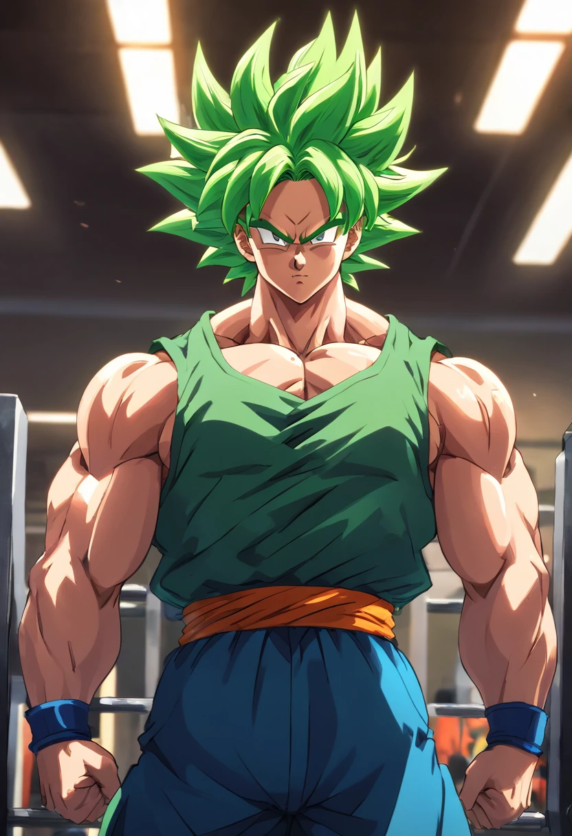 Broly Super Saiyajin, masculino, Dragon ball z, Working out hard in a bodybuilding gym, Triceps exercises, focus on triceps, defined and detailed muscles, expression serious