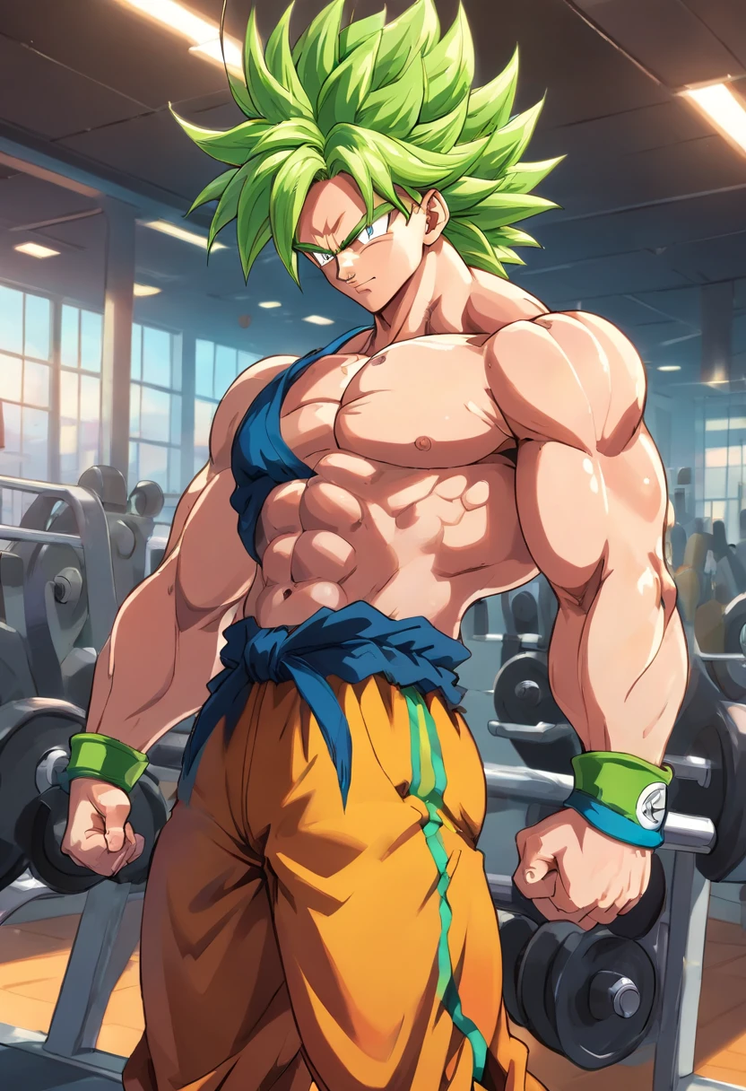 Broly Super Saiyajin, masculino, Dragon ball z, Working out hard in a bodybuilding gym, Triceps exercises, focus on triceps, defined and detailed muscles, expression serious