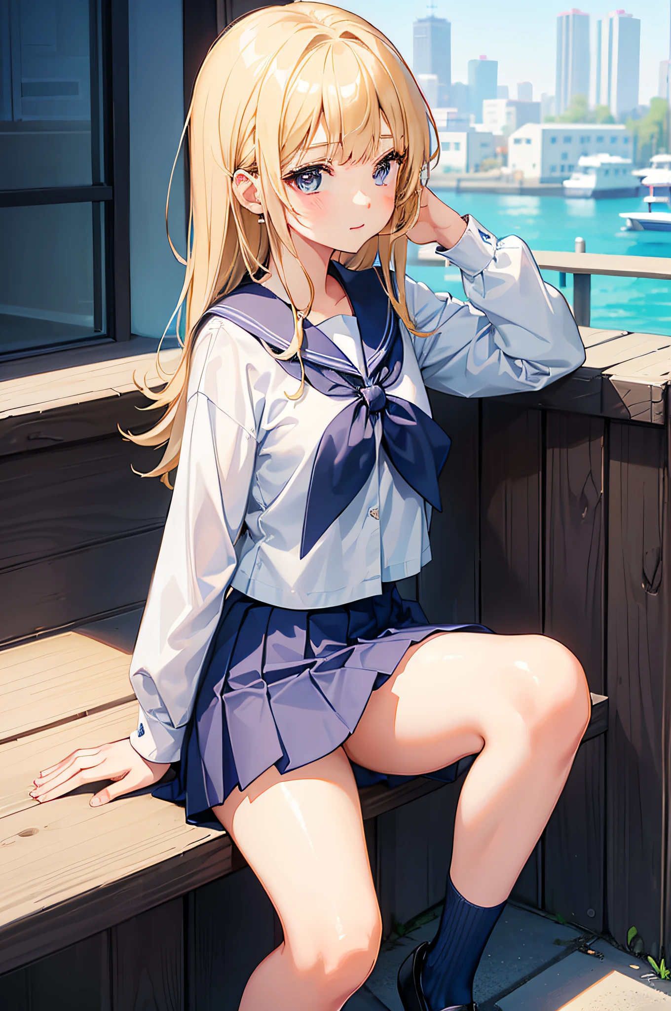 1 girl in、Cute Beautiful Girl、((Show off your thighs))、(Japan schoolgirl uniform)、(in a white shirt)、((Navy blue micro mini skirt))、(Flipping skirt)、(a blond)、(17 age)、summer clothing、lightsmile、sitting on、(Opening legs)、the pose、(school classrooms)、top-quality、photos realistic