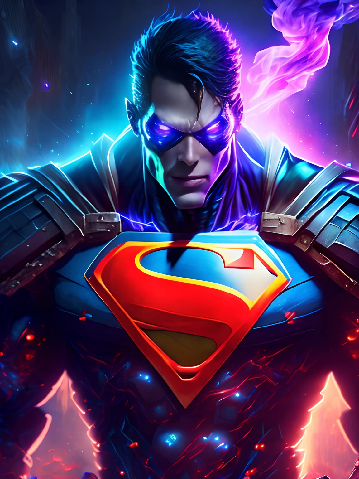 Retrato sombrio do Zombie Cyborg Superman da DC, extremamente detalhado, futuristic cityscape, noite, glowing neon lights, smoke billowing, Sparks, Metal shavings, detritos voadores, efeitos da energia azul, volumetric light