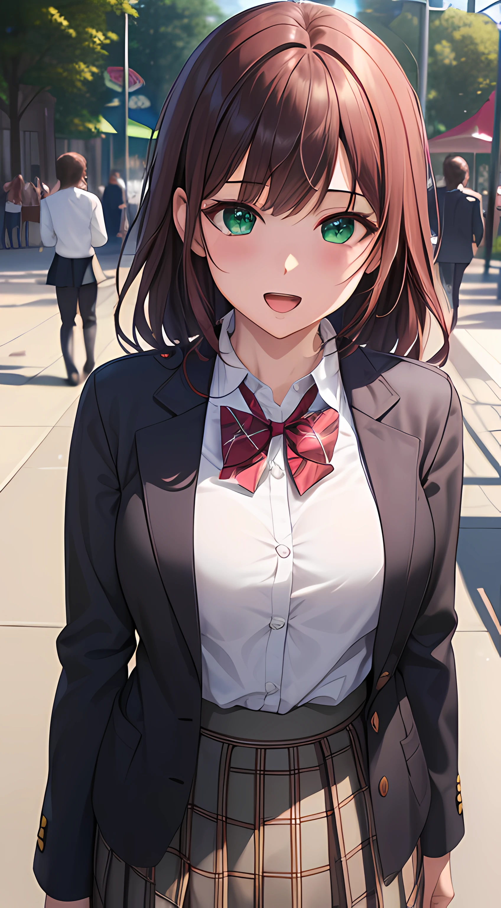 ((masterpiece, best quality, highres, UHD, perfect pixel, depth of field, 4k, RTX, HDR))), 1girl, single, solo, beautiful anime girl, beautiful artstyle, anime character, ((long hair, bangs, brown hair, curly hair:0.8)), ((green eyes:1.4, rounded eyes, beautiful eyelashes, realistic eyes)), ((detailed face, blushing:1.2)), ((smooth texture:0.75, realistic texture:0.65, photorealistic:1.1, anime CG style)), medium breasts, dynamic angle, perfect body, ((portrait, pov, cowboy shot)), ((red bowtie, school uniform, school emblem, black jacket, open jacket, brown cardigan, white shirt, black skirt, plaid skirt)), smile, open mouth, amusement park
