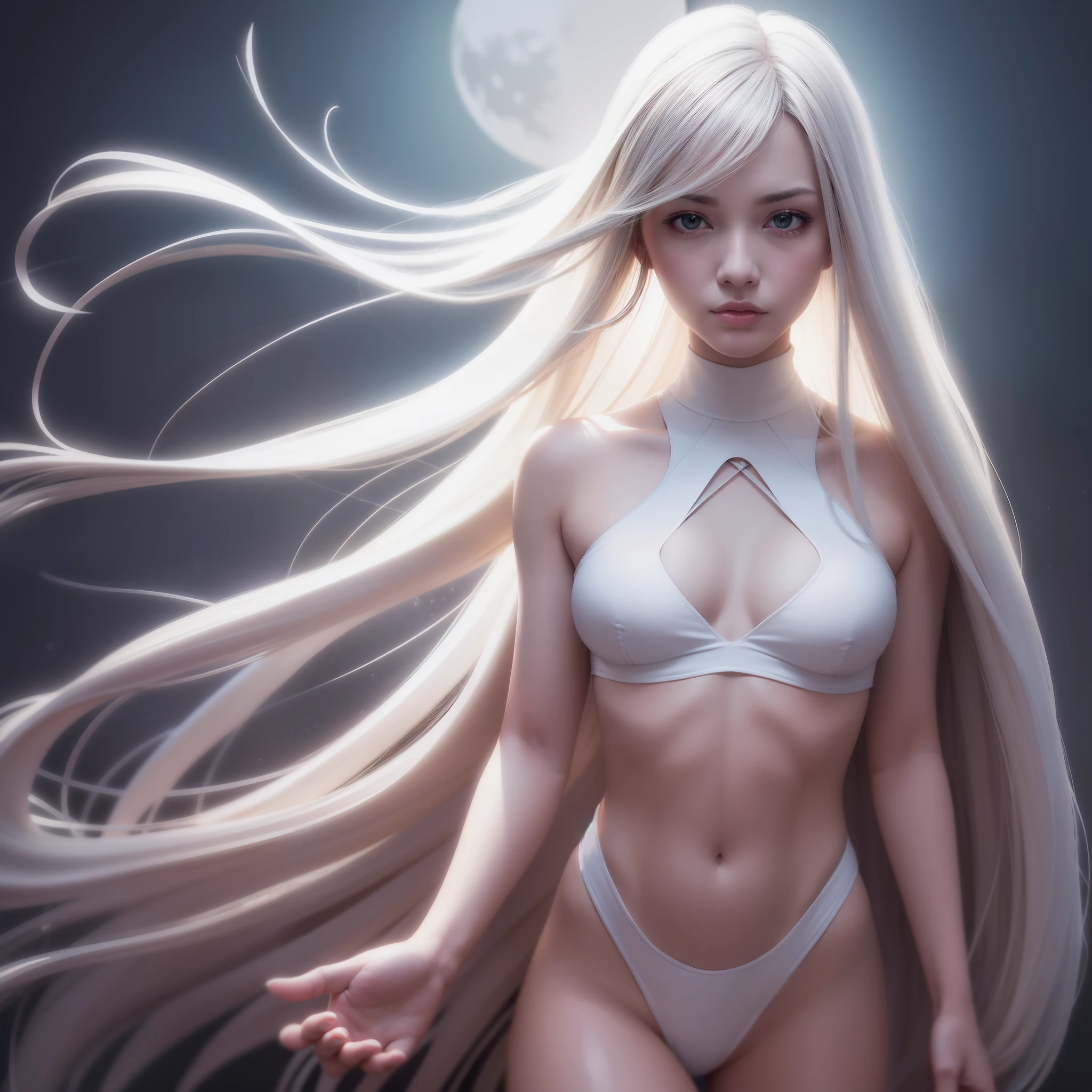 masutepiece, Highest Quality, (Solo Focus), (Perfect face:1.1), (high detailing:1.1),Dramatic, 1guy, (pale skin), long white hair, White eyes, [light eyebrow], Solo, Long hair, Moon, Night, white luxury suit, Covered navel, Pouty lips, Covered, Futuristic city, Detailed background, Art by Artgerm and Greg Rutkowski, Cinematic lighting, roses, Fashion, BalenciagaStyle