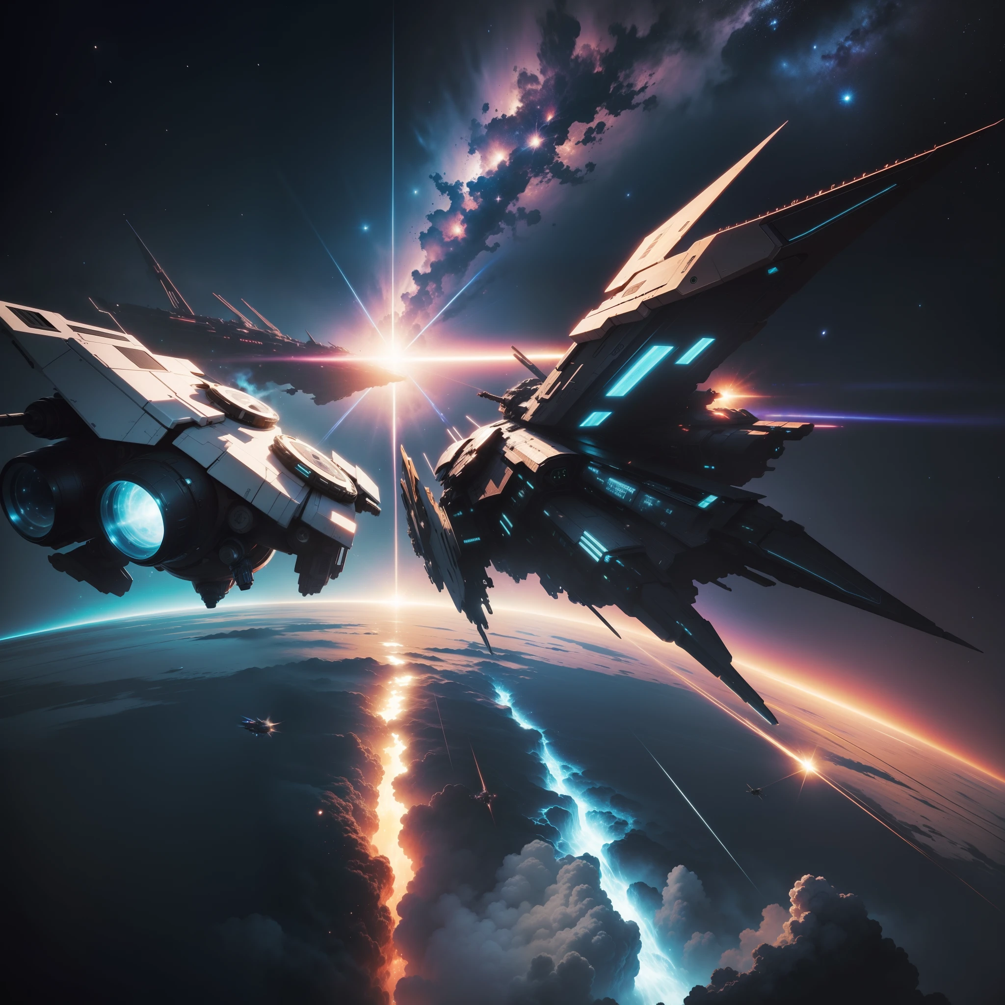 An epic space battle between two alien spaceships, scif space background