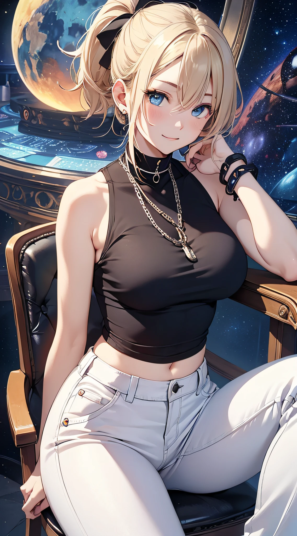top-quality、Top image quality、masterpiece、girl with((18year old、tatteredclothing、Black Navel Tank Top、White pants、Best Bust、Bust 85、a blond、disheveled ponytail、Blue eyes、open chest wide、Happiness、Chain Accessories、Black wristband on wrist、sit a chair、top down))hiquality、visualart、Background with((Planetarium House))、masutepiece