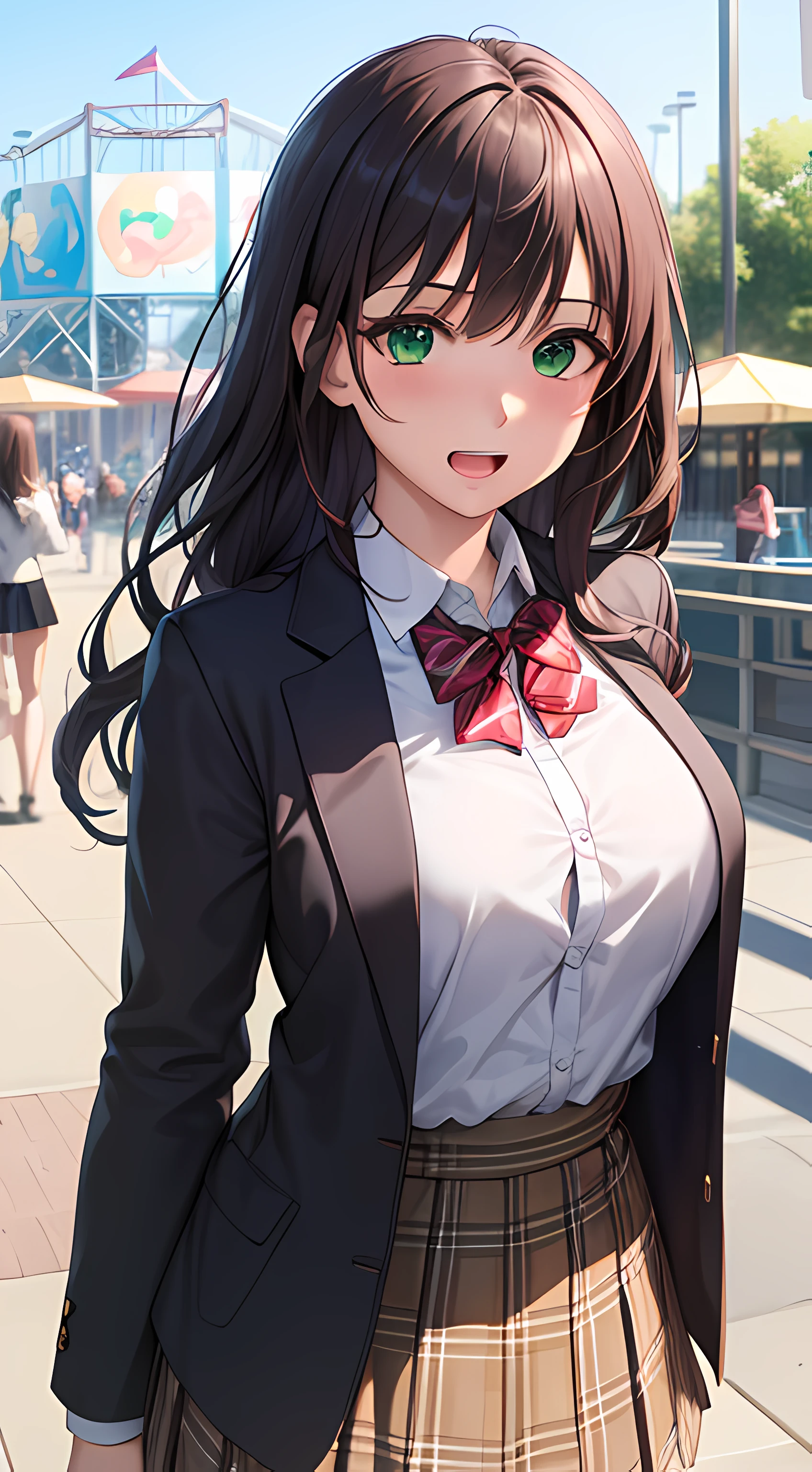((masterpiece, best quality, highres, UHD, perfect pixel, depth of field, 4k, RTX, HDR))), 1girl, single, solo, beautiful anime girl, beautiful artstyle, anime character, ((long hair, bangs, brown hair, curly hair:0.8)), ((green eyes:1.4, rounded eyes, beautiful eyelashes, realistic eyes)), ((detailed face, blushing:1.2)), ((smooth texture:0.75, realistic texture:0.65, photorealistic:1.1, anime CG style)), medium breasts, dynamic angle, perfect body, ((portrait, pov, cowboy shot)), ((red bowtie, school uniform, school emblem, black jacket, open jacket, brown cardigan, white shirt, black skirt, plaid skirt)), smile, open mouth, amusement park