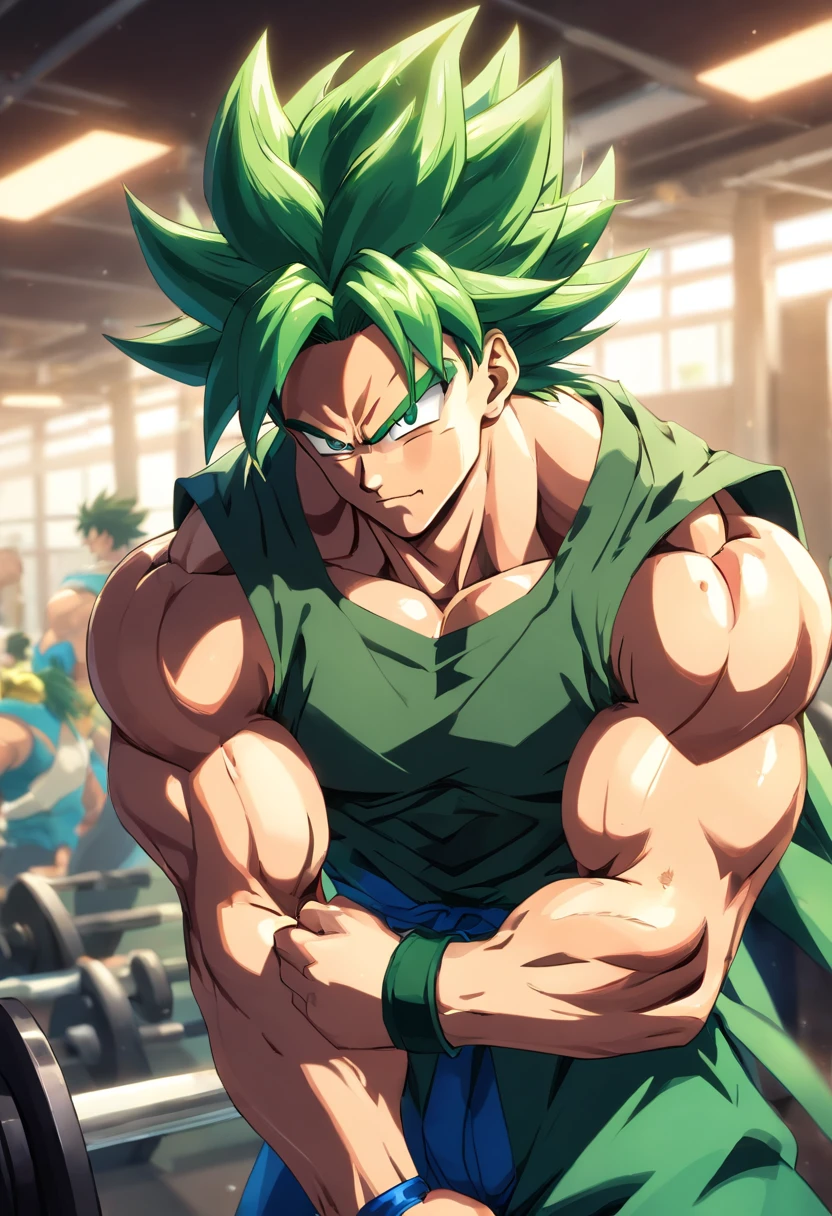 Broly Super Saiyajin, masculino, Dragon ball z, Working out hard in a bodybuilding gym, Triceps exercises, focus on triceps, defined and detailed muscles, expression serious