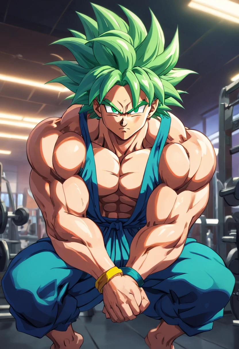 Broly Super Saiyajin, masculino, Dragon ball z, Working out hard in a bodybuilding gym, Triceps exercises, focus on triceps, defined and detailed muscles, expression serious