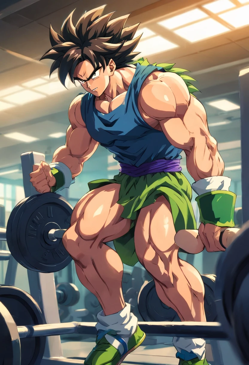 Broly Super Saiyajin, masculino, Dragon ball z, Working out hard in a bodybuilding gym, Triceps exercises, focus on triceps, defined and detailed muscles, expression serious