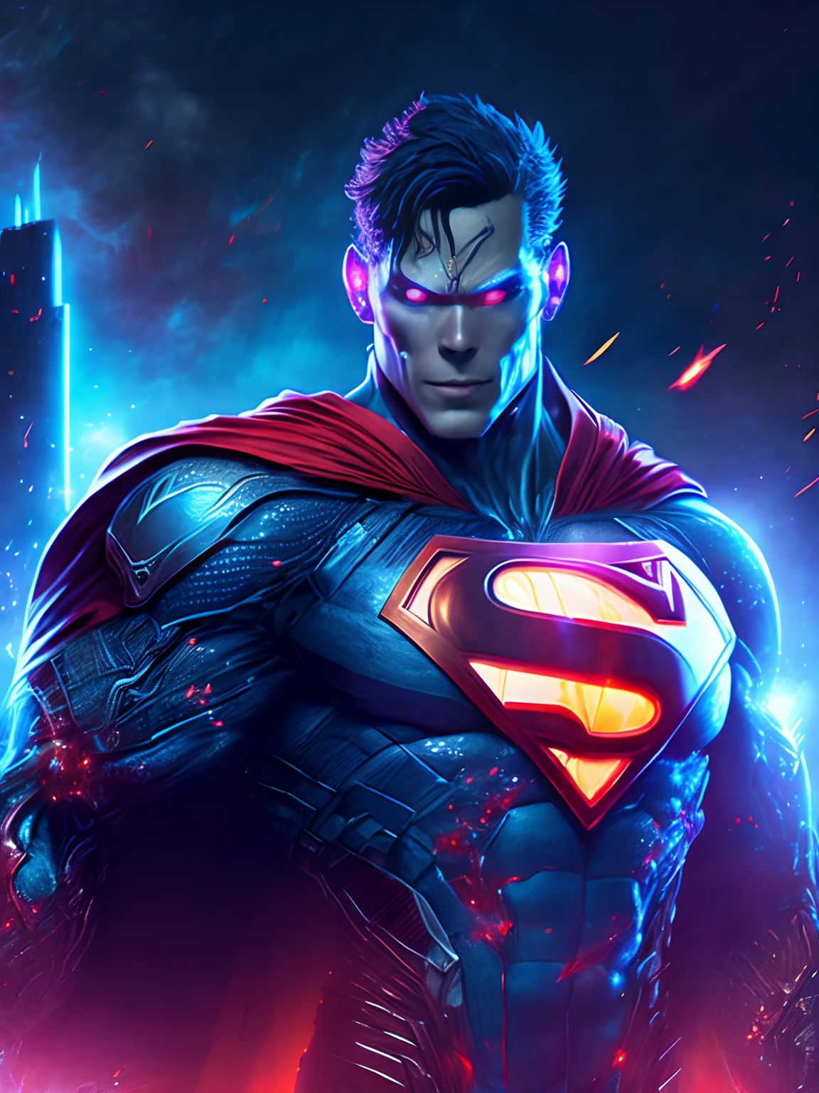 Retrato sombrio do Zombie Cyborg Superman da DC, extremamente detalhado, futuristic cityscape, noite, glowing neon lights, smoke billowing, Sparks, Metal shavings, detritos voadores, efeitos da energia azul, volumetric light