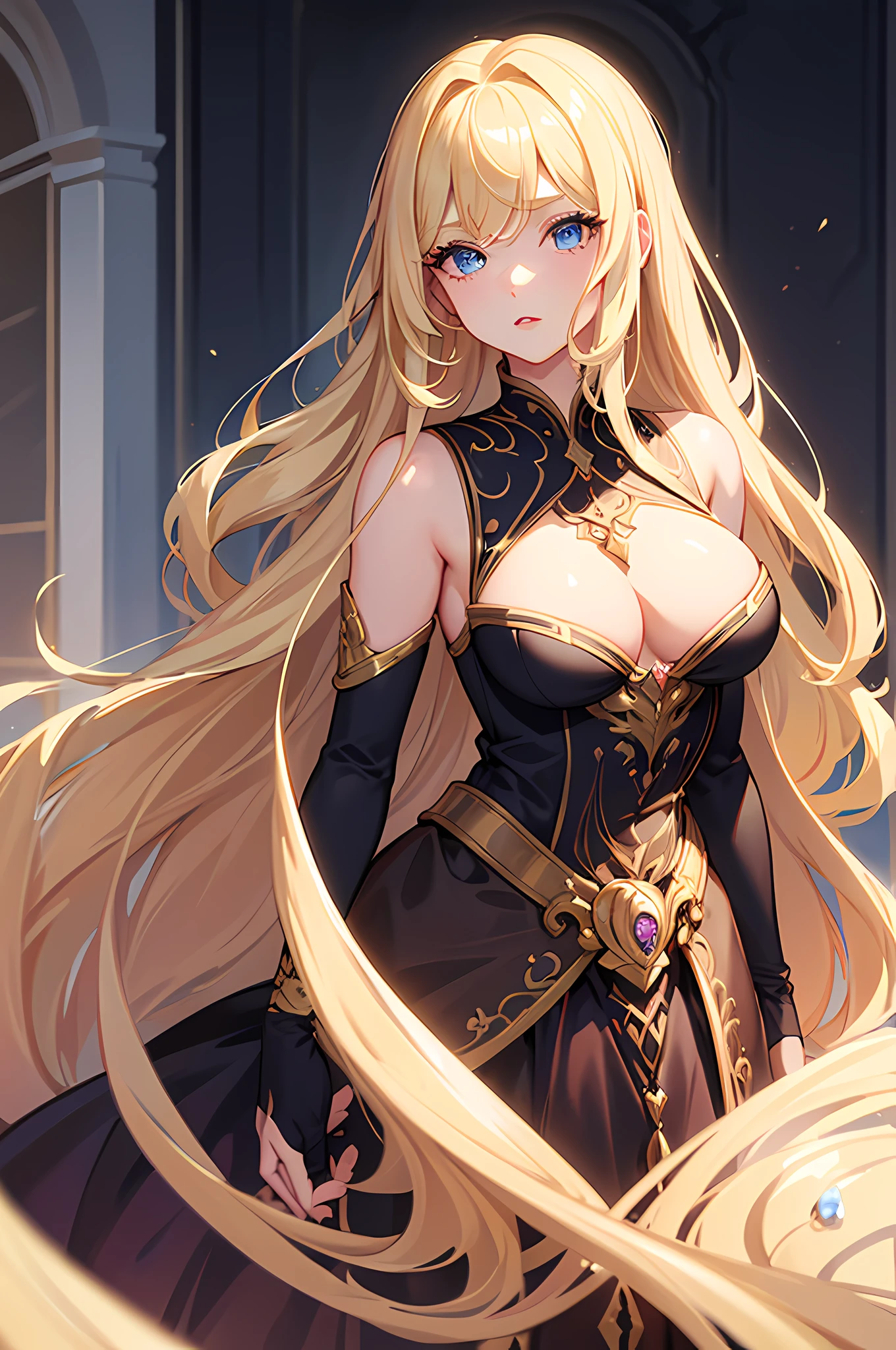 Masterpiece, Best Quality, girl, Blonde hair, Long wavy hair, Blue Eyes, facing front, Pink lips, thick eyelashes, Thick eyelids, Sharp Chin, Fantasy dress clothing, Brown dress, no background, The body facing the viewer, Upper body only