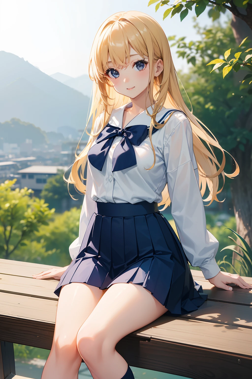 1 girl in、Cute Beautiful Girl、((Show off your thighs))、(Japan schoolgirl uniform)、(in a white shirt)、((Navy blue micro mini skirt))、(Flipping skirt)、(a blond)、(17 age)、summer clothing、lightsmile、sitting on、(Opening legs)、the pose、(school classrooms)、top-quality、photos realistic