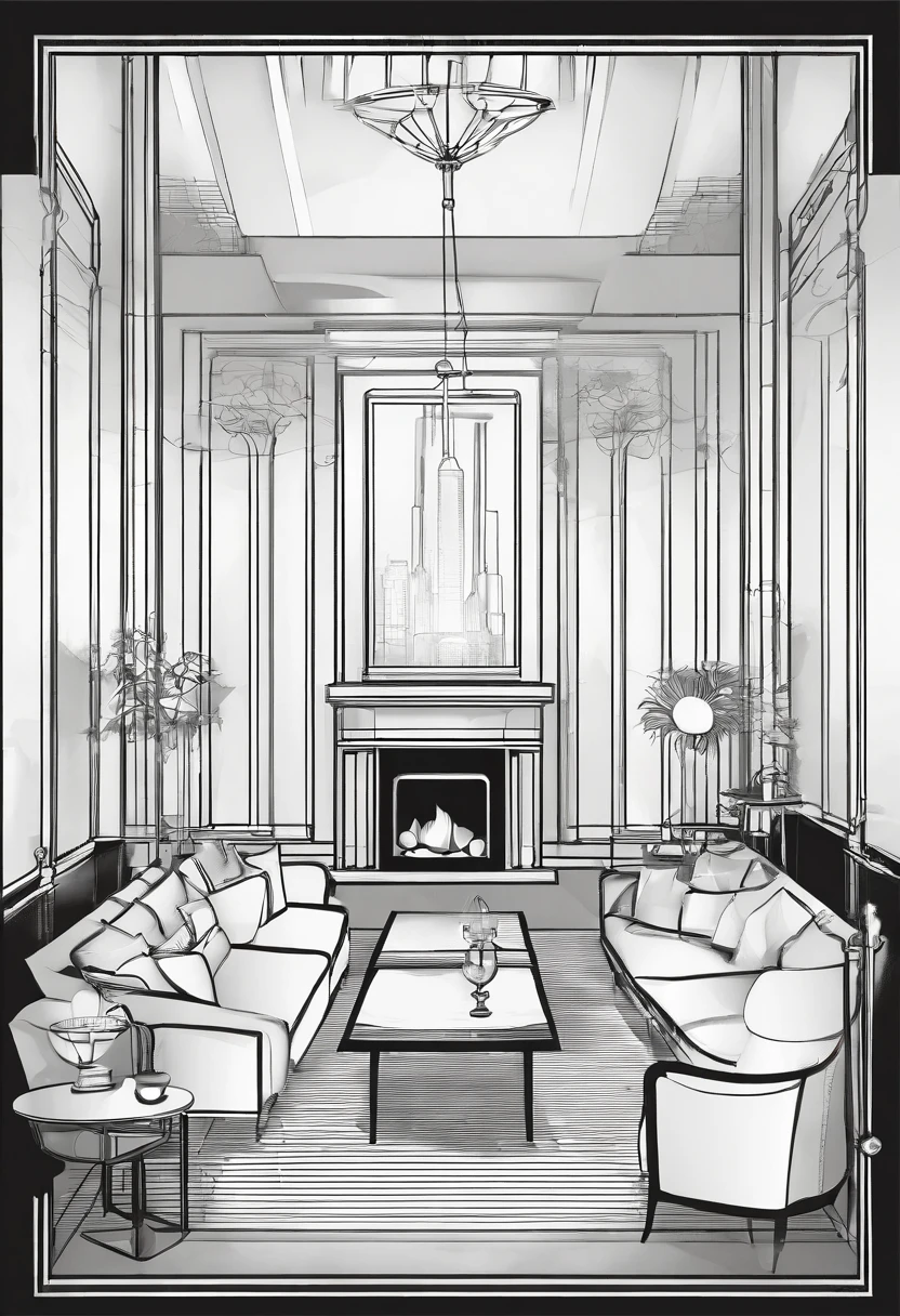 livingroom, art deco style, small, high ceilings, fireplace with art-deco surround, make the couch a chesterfield style